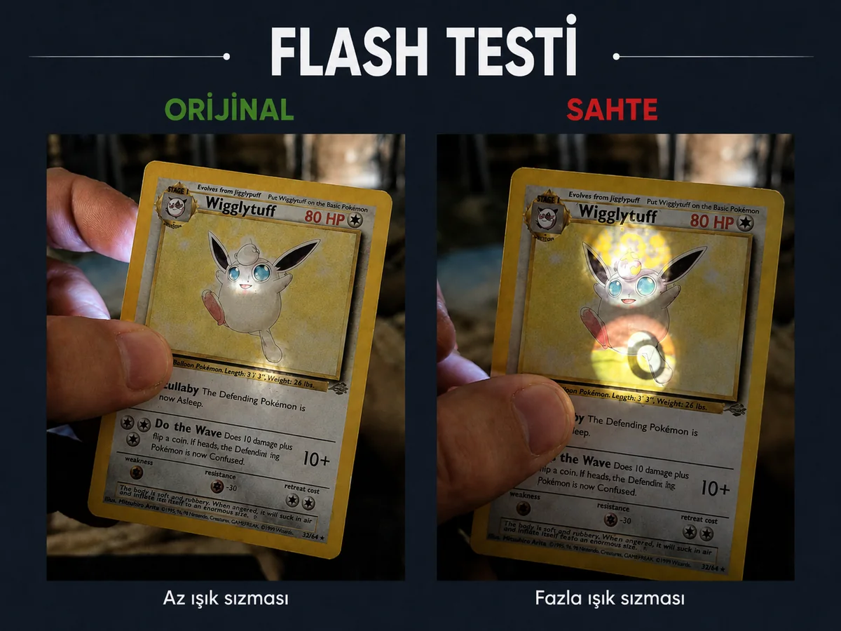 Orijinal ve sahte Pokémon kart flash testi ışık geçirgenliği karşılaştırması