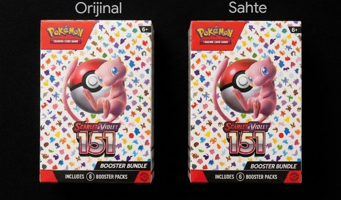 Orijinal ve sahte Pokémon 151 booster bundle ön yüz karşılaştırması