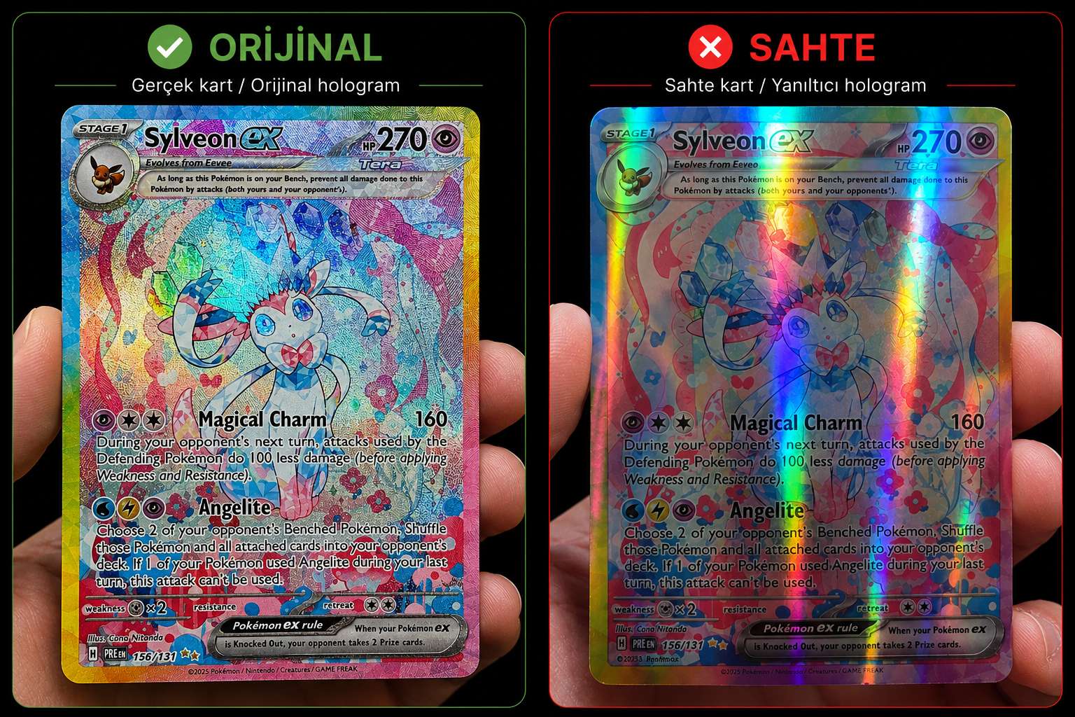 Orijinal ve sahte Sylveon ex kart holo karşılaştırması
